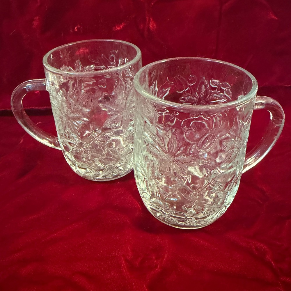 Vintage Clear Pressed Glass Floral Mugs Set of 2 Poinsettia Embossed Coffee Cups
